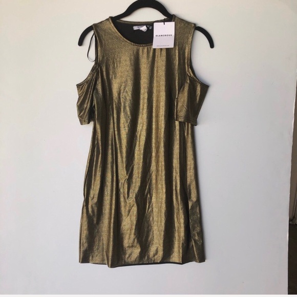 NWT Nasty Gal Gold Cold Shoulder Mini Dress - Picture 2 of 8